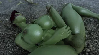 Futanari Orc Jerking off her huge dick in the rain