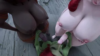 2 Futanari Dwarves Fill Goblin Tummy with Cum