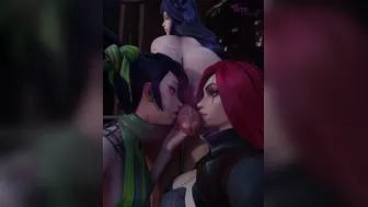 Katarina and Akali kissing Ahri’s cock